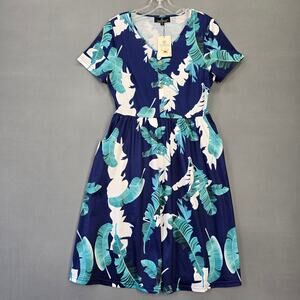 Yathon Blue Floral Dress NEW Short Sleeve Button Scoop Elastic Waist Women M Zip